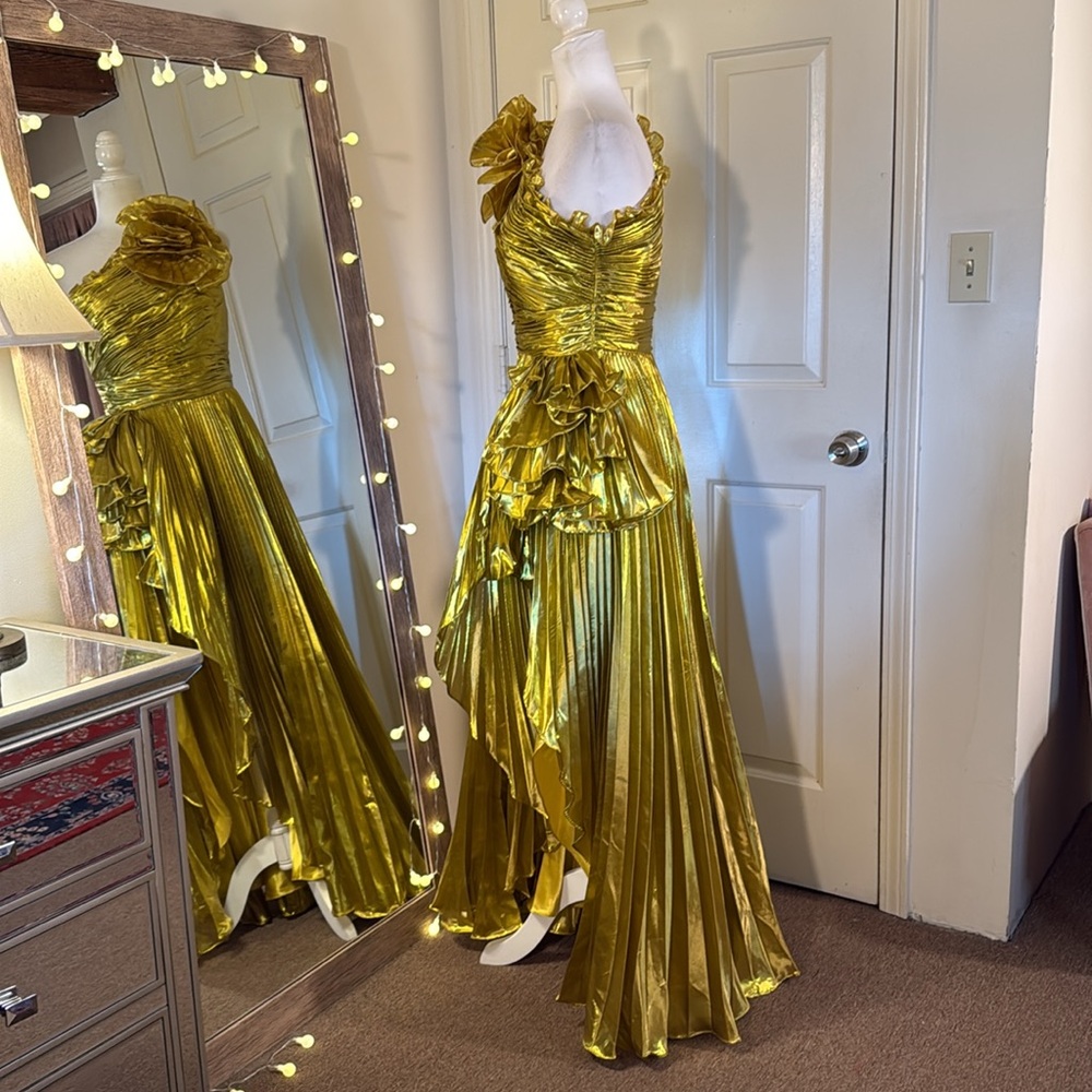 MAC DUGGAL Gold One Shoulder Pleated Ruffle Gown with Slit - Picture 9 of 17